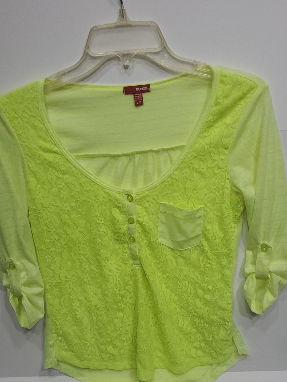 BONGO Neon Lace Henley Top in Lime
